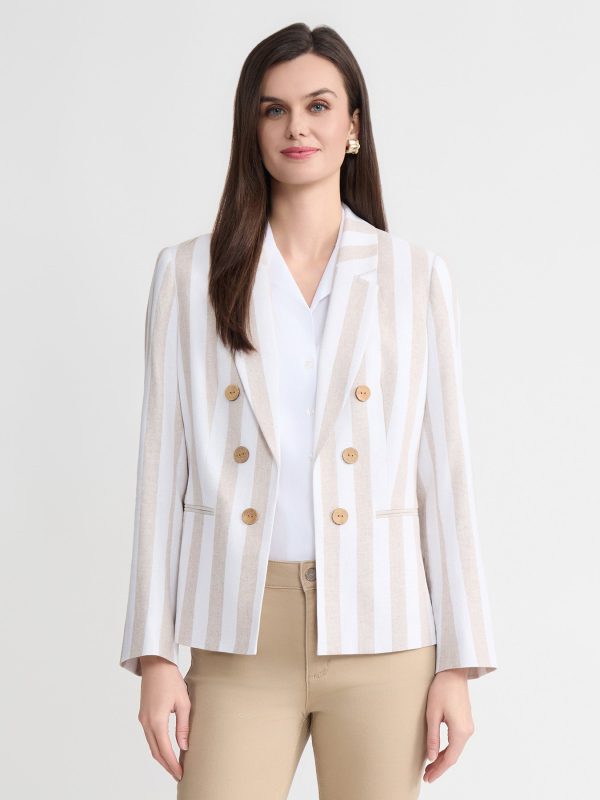 Faux Double Breasted Jacket, Linen Stripe