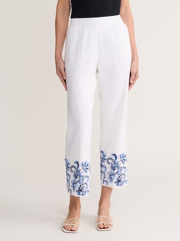 Cropped Embroidered Pull-On Pant, Linen