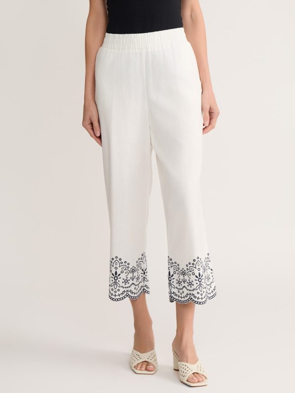 Scallop Hem Embroidered Pant, Linen