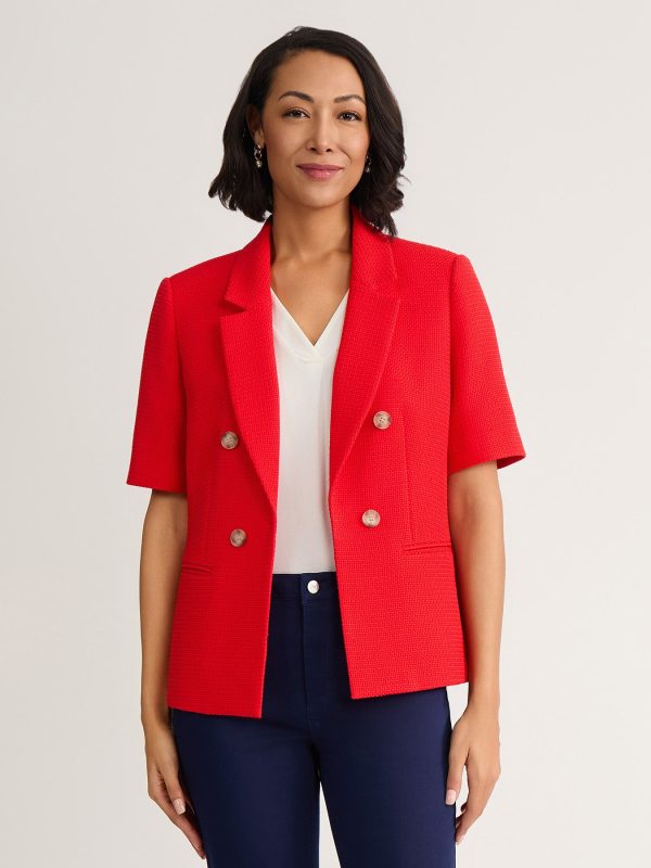 Short Sleeve Faux Double Breasted Blazer, Textured Woven